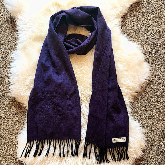 Burberry | 100% Cashmere Dark Purple Signature Logo Embroidered Scarf - Picture 1 of 9